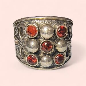 Vintage Garnet And Sterling Silver Wide Band Artisan Ring